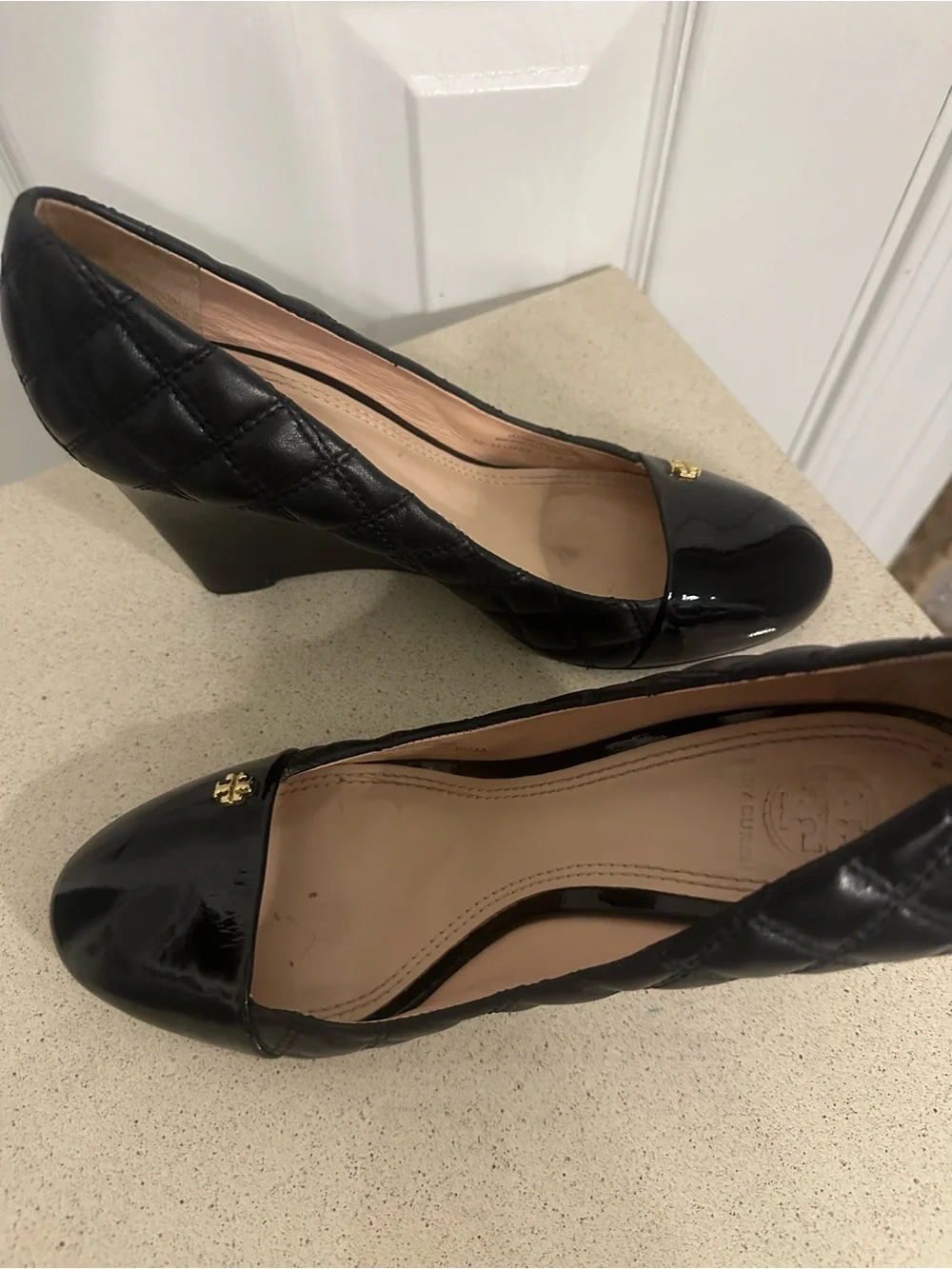 Tory Burch Black Leather Quilted Wedge Pumps